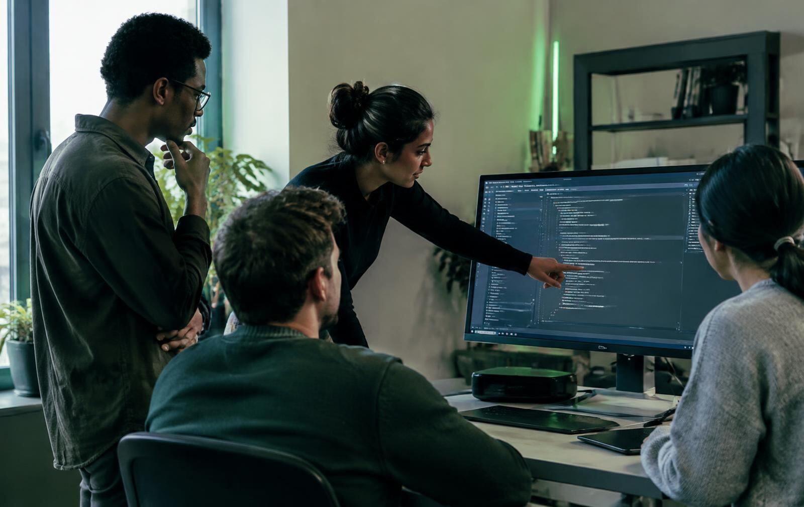 Software engineers reviewing code together on a large monitor